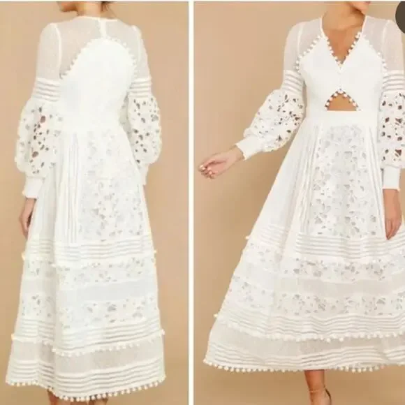 L'ATISTE White Dressy eyelet open skin maxi dress size M NWOT